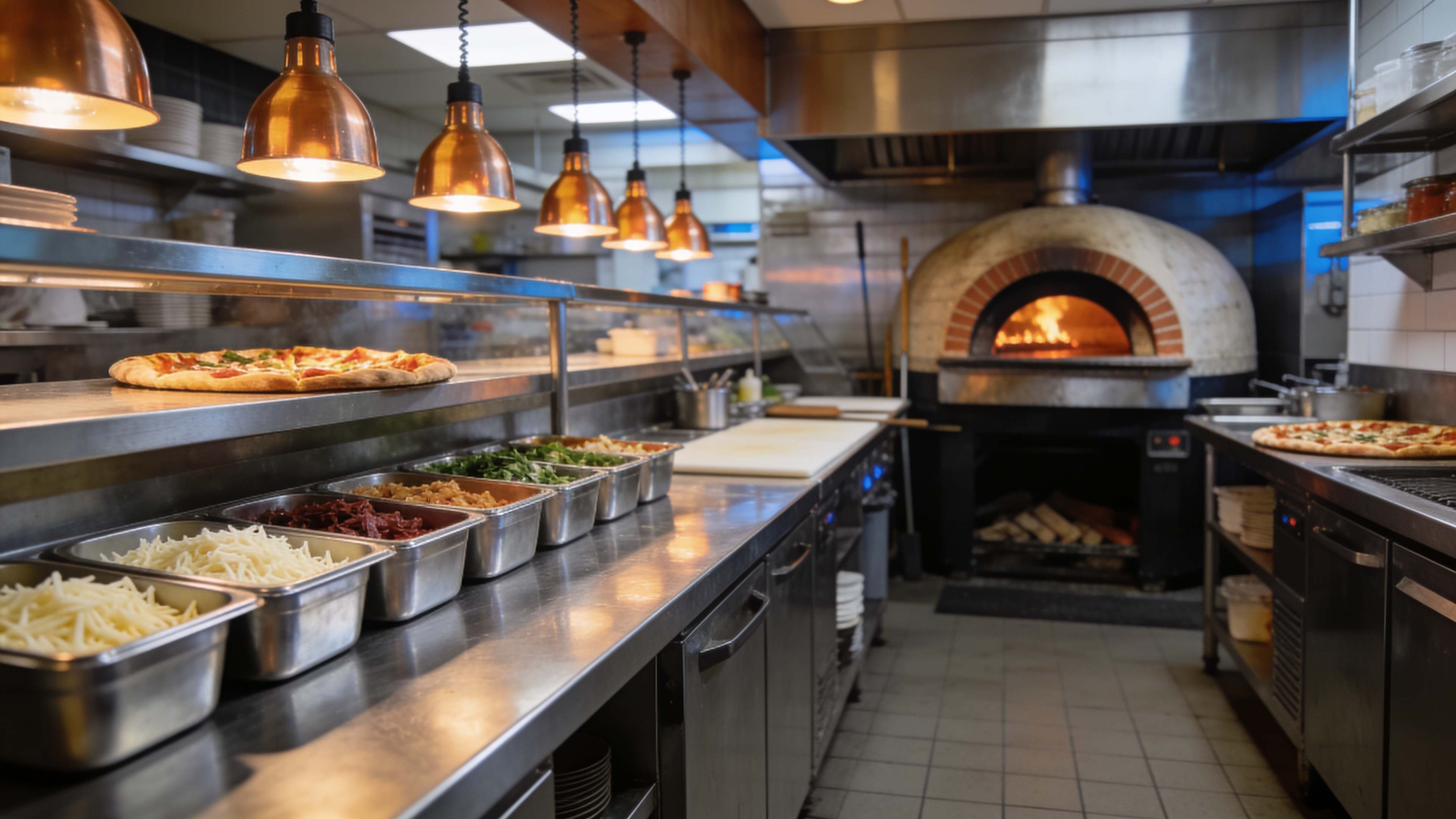 Cocina profesional con recipientes de queso rallado junto al horno de pizza.