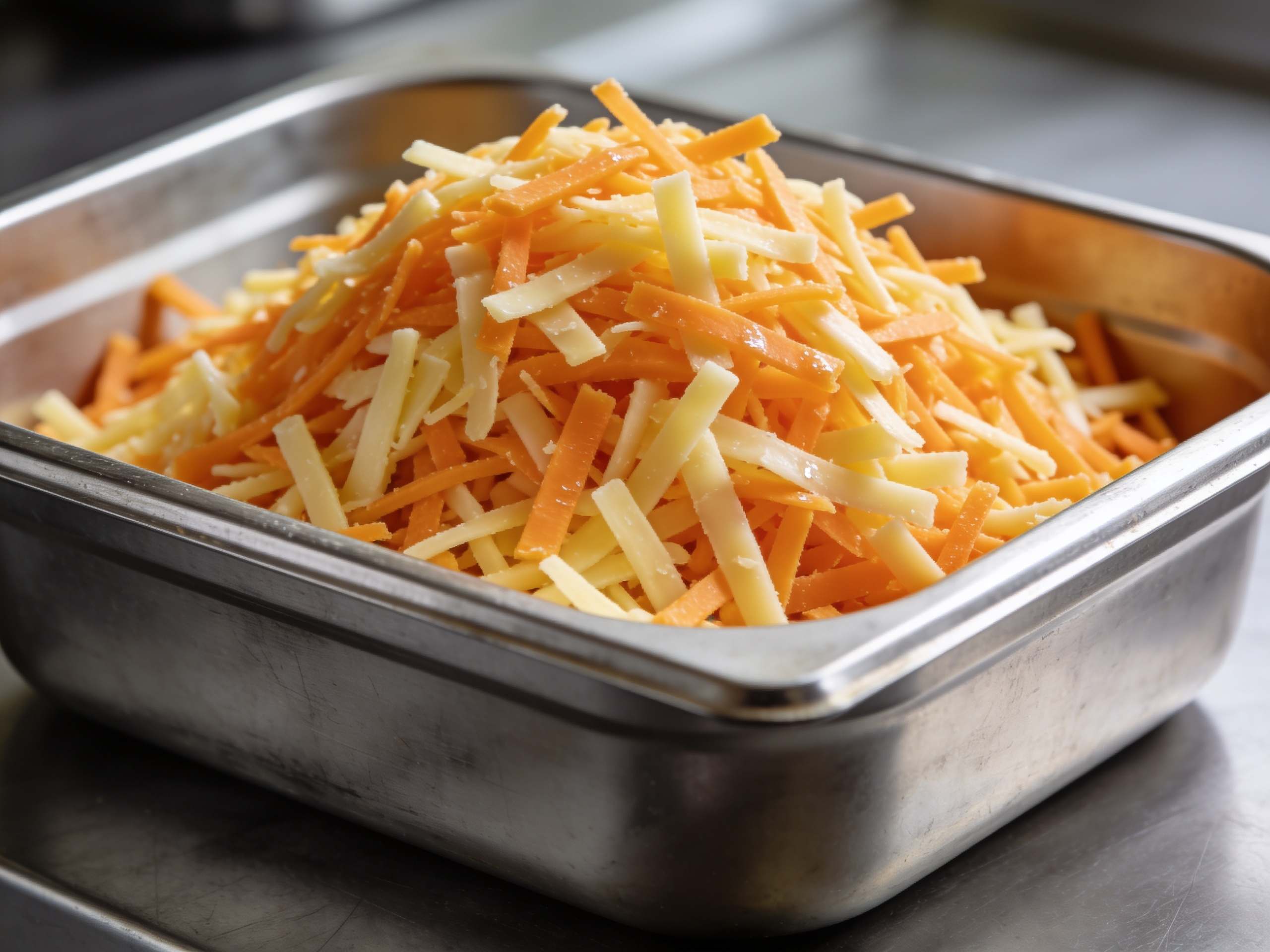 Recipiente de acero con mezcla de quesos rallados: cheddar naranja, edam y gouda.