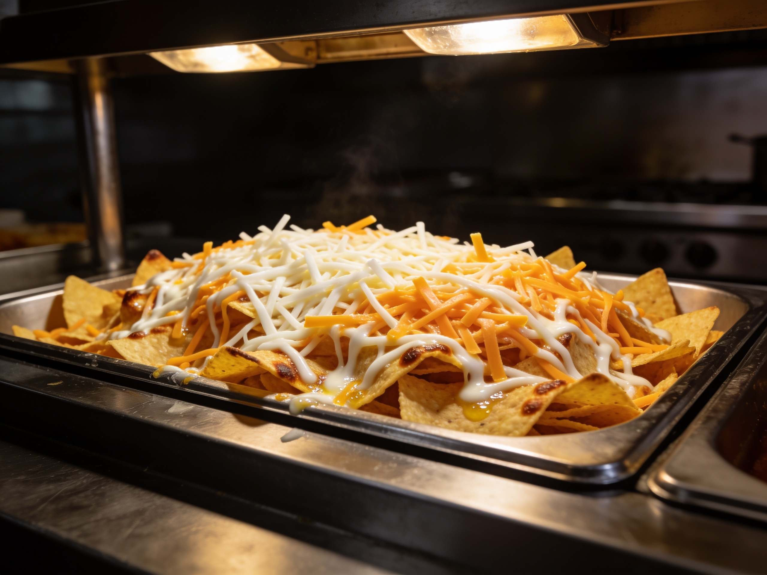 Bandeja de nachos cubierta de mezcla rallada fundida, blanca y naranja, en una cocina profesional.