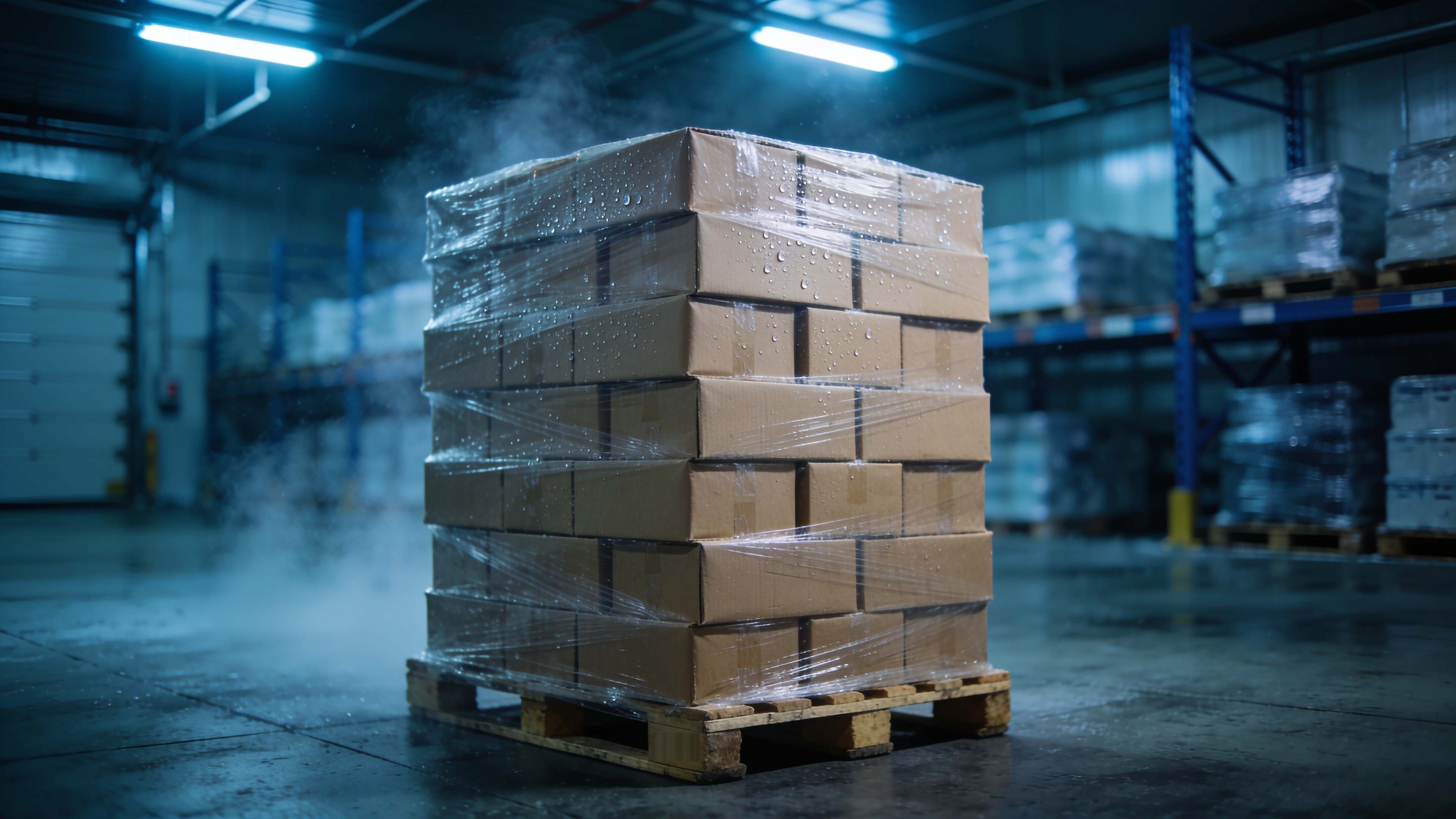Palet de cajas de cartón envuelto en film dentro de una cámara frigorífica.
