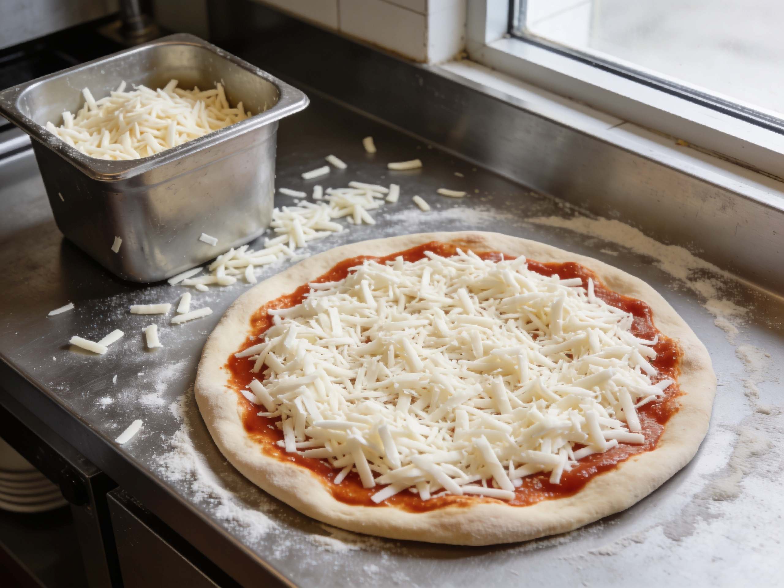 Base de pizza con tomate cubierta de mozzarella rallada sobre una mesa de acero.