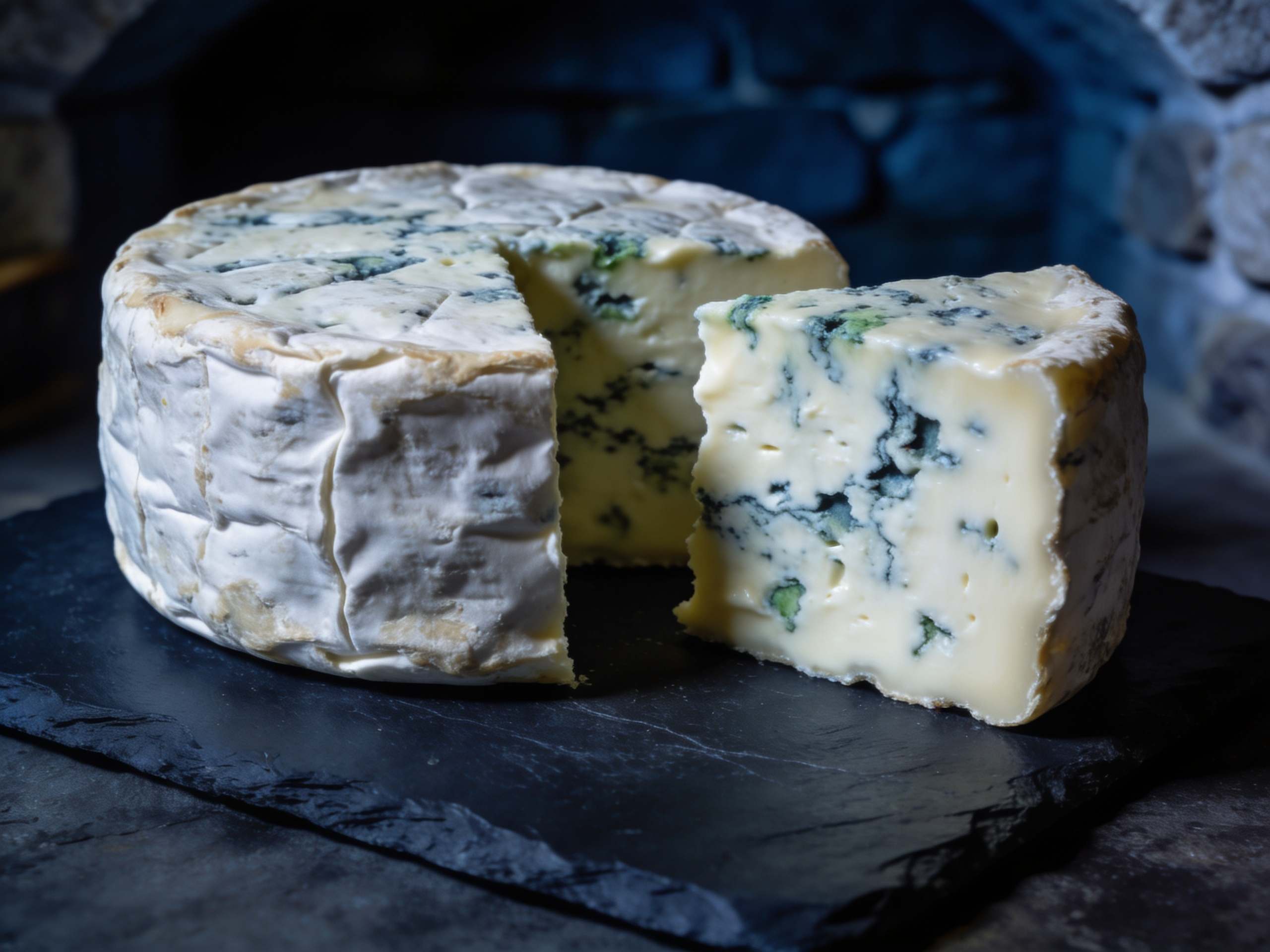 Rueda de queso azul con una cuña cortada que deja ver las vetas azules.